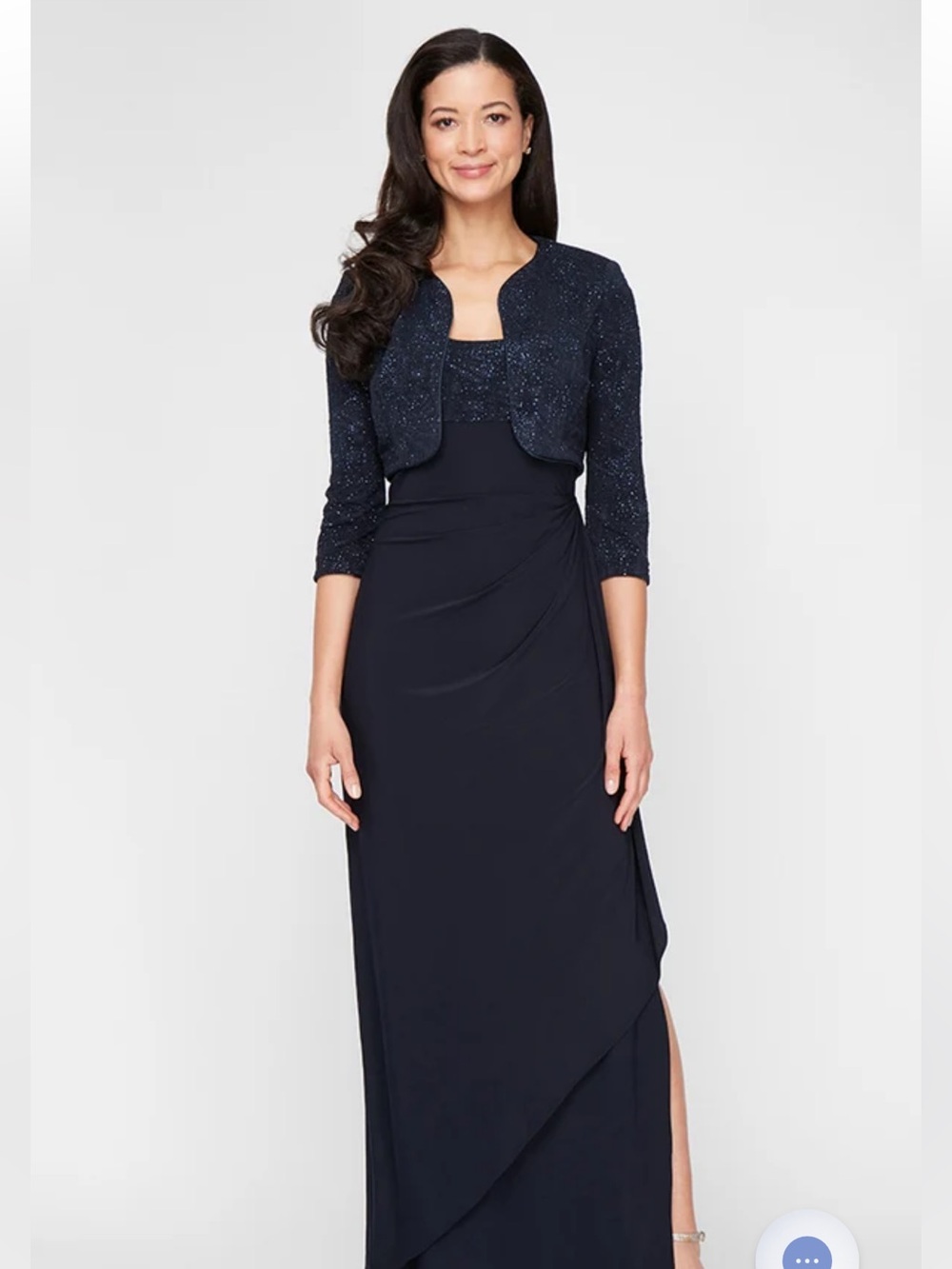 ALEX EVENINGS Matte Jersey Gown with Jacquard Bolero Jacket in Dark Navy. - Picture 6 of 12